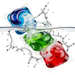 Three colorful laundry detergent pods in blue, green, and red, submerged in water with splashes, set against a transparent background.