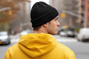 Young Man in Black Beanie and Yellow Hoodie Walking in City Street Urban Lifestyle Fashion