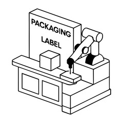 Isometric packaging label machine automation vector illustration outline design art 