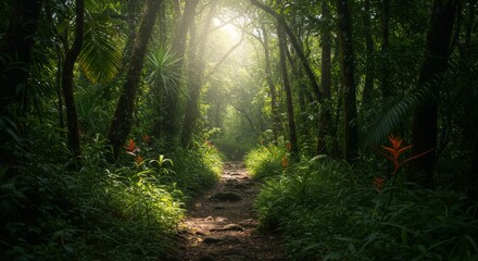 Fototapeta premium Sunlit Path Through Lush Tropical Forest