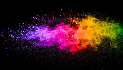 Fototapeta premium Exploding cloud of colorful powder particles, vibrant rainbow explosion, black background.