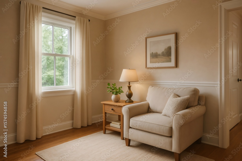 Poster inviting corner featuring a comfortable armchair, soft lighting from a table lamp, and a window view