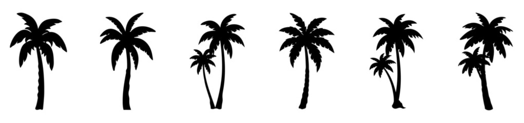 Collection of Palm tree black silhouettes PNG – isolated tropical design set on transparent background.