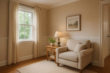 Inviting corner featuring a comfortable armchair, soft lighting from a table lamp, and a window view, creating a serene and relaxing atmosphere
