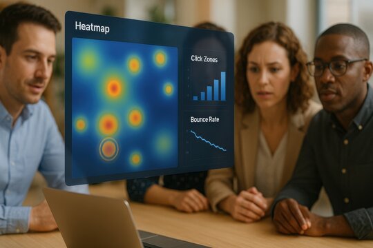 Marketing Team Analyzing Website Heatmap, Click Zones, and Bounce Rate on Interactive Data Visualization Screen
