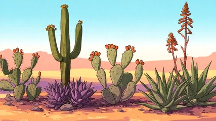 Animated desert landscape featuring saguaro cacti and flowering desert plants seamless loop - Powered by Adobe