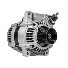 A silver automotive alternator with a black pulley, designed for vehicle electrical systems. The component is isolated on a transparent background.