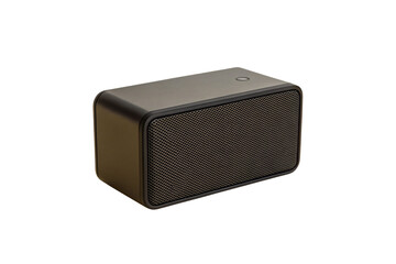 Obraz premium Dark gray wireless speaker with perforated front grille and single control button on top, isolated on a transparent background