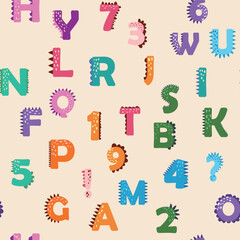 ABC seamless pattern in simple cartoon style. Cute dinosaur alphabet print - hand drawn childish seamless pattern design. Digital paper.