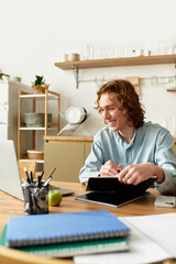 Young man enjoys creative moment at home workspace filled with light and inspiration