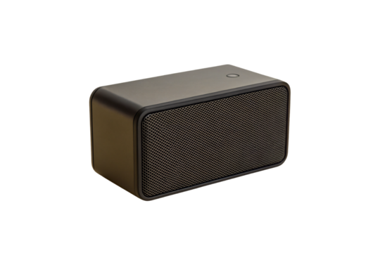 Dark gray wireless speaker with perforated front grille and single control button on top, isolated on a transparent background
