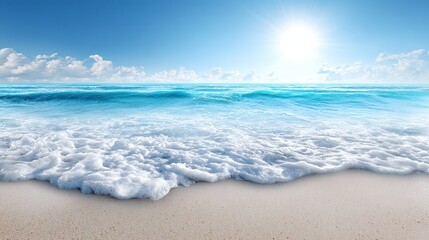 The light blue ocean, with gentle waves crashing against the sand, evokes tranquility, serenity, peace and relaxation, perfect as a backdrop for relaxation products or serene digital content.