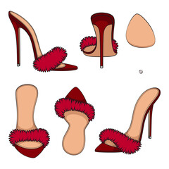 Set of color illustrations with red clogs, sandals with heels and fur. Isolated vector objects on white background.