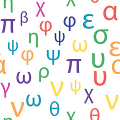 Seamless pattern Letters and symbols of the Greek alphabet. Bright Greek alphabet.
