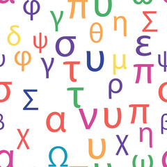 Seamless pattern Letters and symbols of the Greek alphabet. Bright Greek alphabet.