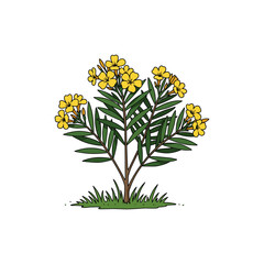 Colorful Icon of Yellow Oleander Tree with Tropical Blooms and No White Background
