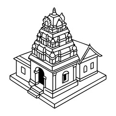 Temple line art vector illustration hindu architecture building isometric drawing outline sketch design 