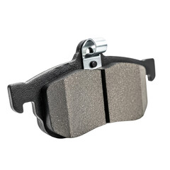 Car brake pad with a metallic backing and two friction surfaces, isolated on a transparent background. Suitable for automotive and mechanical themes.