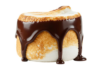 Round toasted marshmallow with chocolate drizzle on a black backdrop