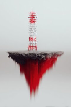 A tower with a red and white stripe is on top of a rocky island