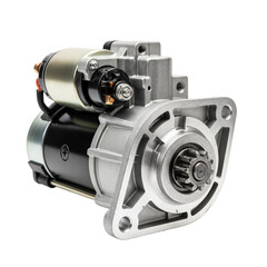 A detailed automotive starter motor on a transparent background. The motor features a metallic casing with electrical connections and a cylindrical shape.
