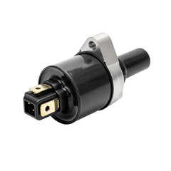A car ignition coil with a black body and metal connector. The coil is designed for efficient engine performance. It has a transparent background for easy integration.