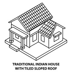 Isometric traditional indian house architecture with tiled sloped roof vector illustration