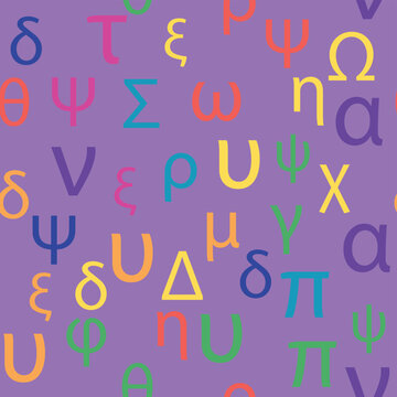 Seamless pattern Letters and symbols of the Greek alphabet. Bright Greek alphabet.