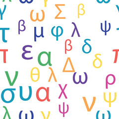 Seamless pattern Letters and symbols of the Greek alphabet. Bright Greek alphabet.
