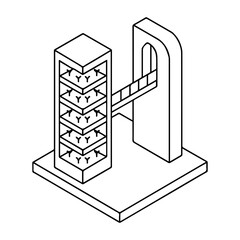 Isometric illustration of Vertical farming tower with a sky bridge design, tower art
