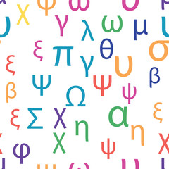 Seamless pattern Letters and symbols of the Greek alphabet. Bright Greek alphabet.