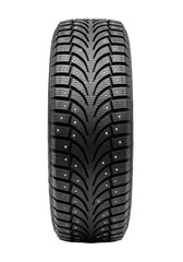 A close-up view of a winter tire with a detailed tread pattern. The tire features metal studs for enhanced grip on icy surfaces. Transparent background.