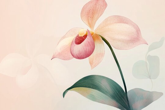 Lady's-Slipper Orchid,fascinating flower,woodland orchid,rare orchid.A stylized, elegant illustration of a Lady's-Slipper Orchid, with bold lines emphasizing its slipper-shaped lip