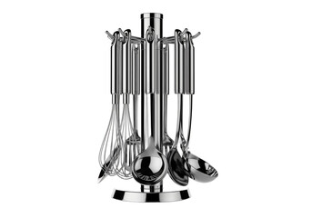 A set of stainless steel kitchen utensils displayed on a rotating holder. Includes whisks, ladles, and spoons. Transparent background enhances visibility.