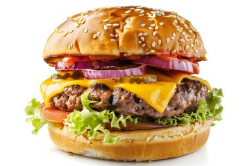 Classic Cheeseburger with Lettuce, Tomato, and Melted Cheddar on a Sesame Bun on a white background