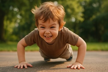 Young child enthusiastically performing push ups on a sunny day, showcasing determination and joy in an outdoor park setting