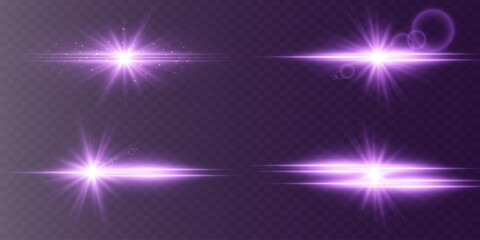 Set of glowing purple star glare. Bright neon flashes. Abstract flashes with glowing line. EPS 10.