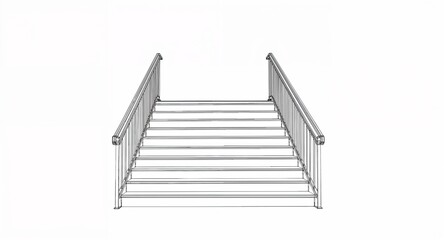 Front view of staircase with metal handrails line art hand drawing in plain white background
