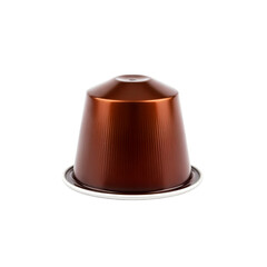 A brown coffee capsule with a silver base on a transparent background. The capsule has a ribbed texture and a rounded top.
