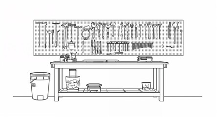 Front view of tool wall and workbench in garage line art hand drawing in plain white background