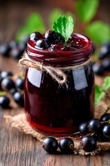 A glass jar filled with rich blackcurrant jam sits on a rough burlap mat. Surrounded by fresh blackcurrants and a sprig of mint, the scene showcases a vibrant and appetizing treat
