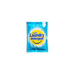 A blue packaging of liquid laundry detergent with a smiley face logo. The background is transparent, highlighting the product's design and branding.