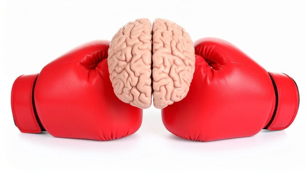 A human brain squeezed tightly between two red boxing gloves, symbolizing mental pressure and psychological conflict.
