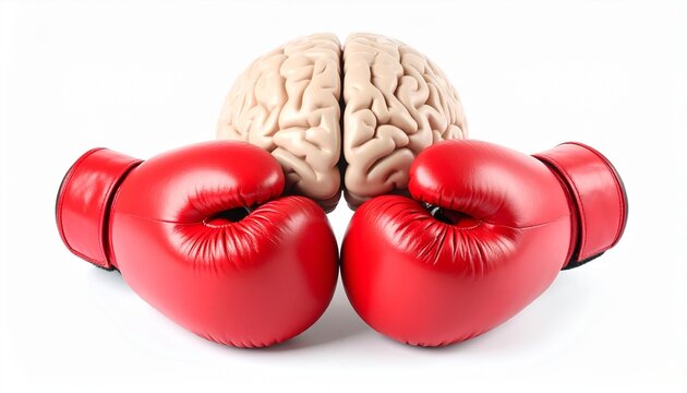 A human brain squeezed tightly between two red boxing gloves, symbolizing mental pressure and psychological conflict. - Powered by Adobe
