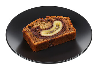 Slice of banana bread revealing a banana center served on a black plate against a black background