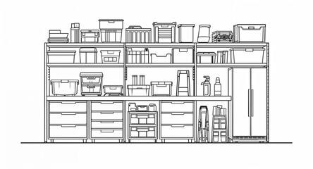 Top down layout of organized garage with storage shelves line art hand drawing in plain white background