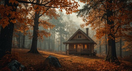 Fototapeta premium A cozy cabin nestled in an autumn forest with warm light emanating from the windows and a misty backdrop