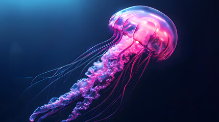 Bioluminescent jellyfish glows with vibrant pink and blue light in dark ocean depths