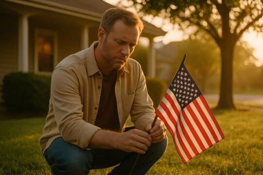 Sad man planting an American flag in his garden during golden hour, honoring a cherished loved one and reflecting on loss and sacrifice