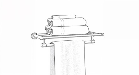 Mounted towel rack with folded towels line art hand drawing in plain white background